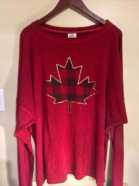 Spirit Red Scoop Neck Sweater with Plaid Maple Leaf CANADA
